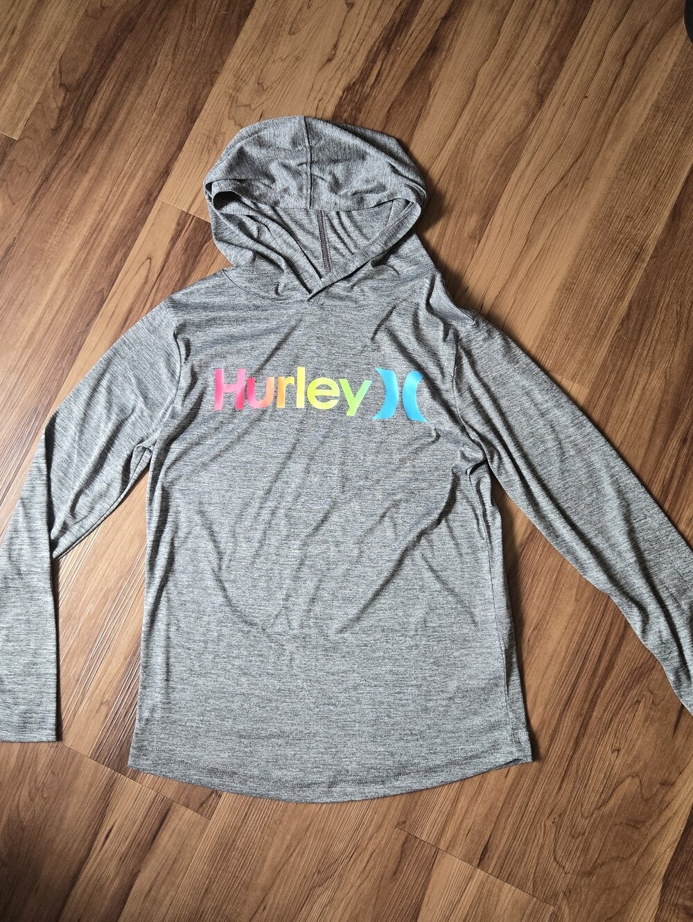 Hurley Gray Hooded Long Sleeve Top with Rainbow Logo Print Youth Medium Like New